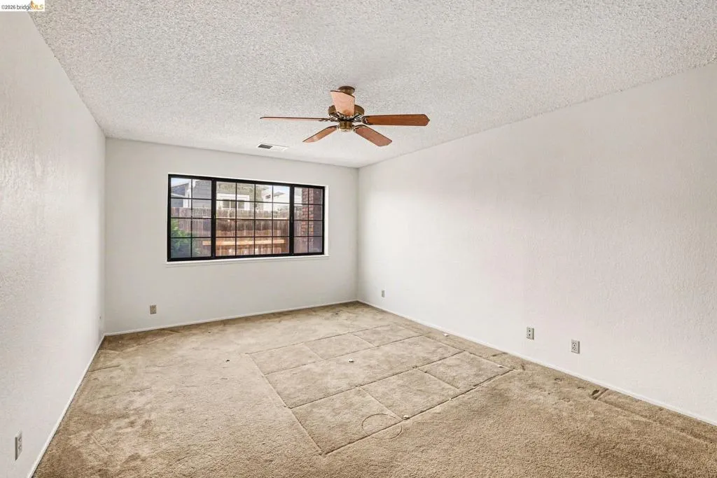 Spacious room featuring a large multi-pane window, ceiling fan, textured walls, and carpet flooring