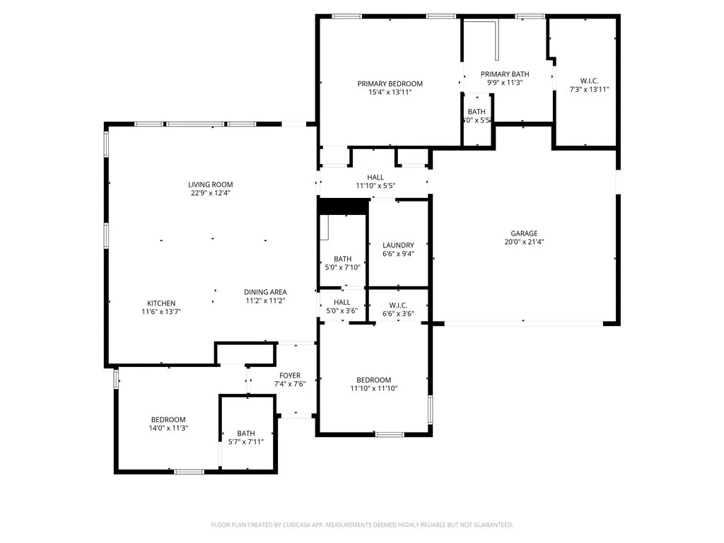 Functional single-story floor plan featuring approximately three bedrooms, multiple bathrooms, open-concept living spaces, laundry room, attached two-car garage, and private primary suite with walk-in closet.