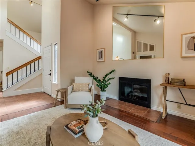 Living room with gas fireplace insert.