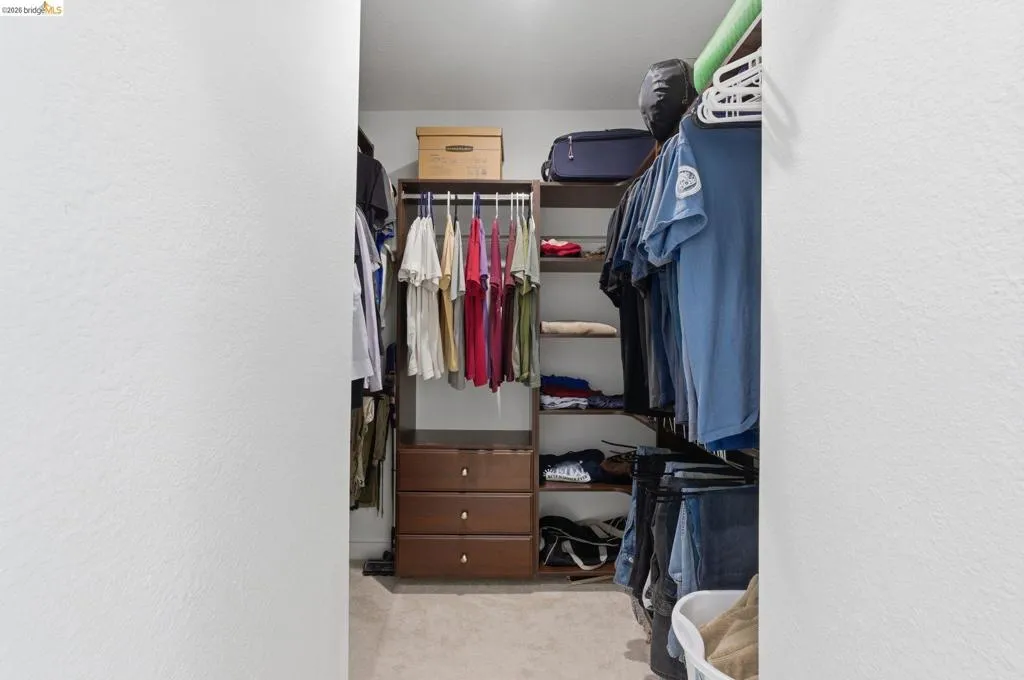 Custom closet system featuring dark wood-finish shelving, hanging rods, and built-in drawers