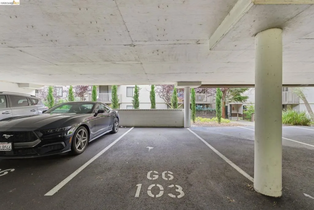 Covered parking space with concrete ceiling and marked ground