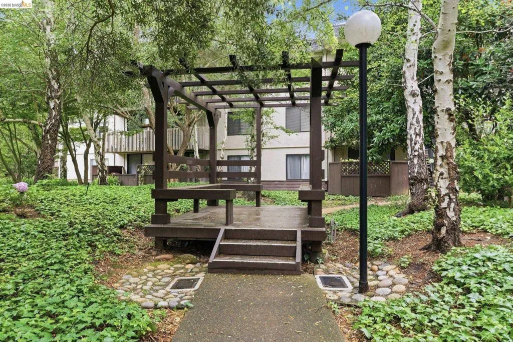 Wood pergola with integrated seating and steps, surrounded by mature trees and ground cover