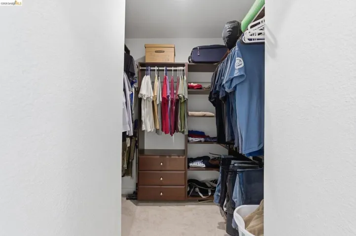 Custom closet system featuring dark wood-finish shelving, hanging rods, and built-in drawers