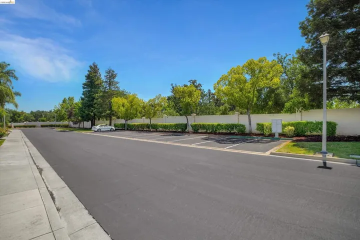 Paved parking area with marked spaces, bordered by a low white wall, landscaped shrubbery, and mature trees