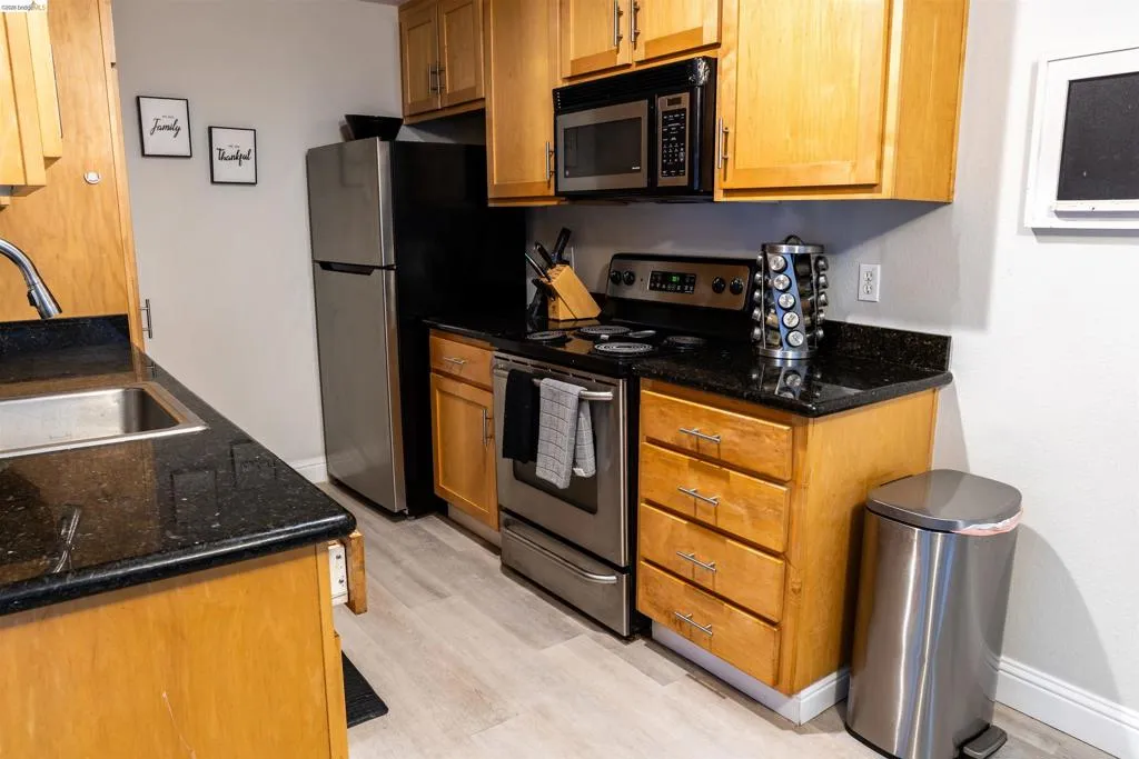 Kitchen featuring wood cabinetry, dark countertops, stainless steel appliances, and wood-finish flooring