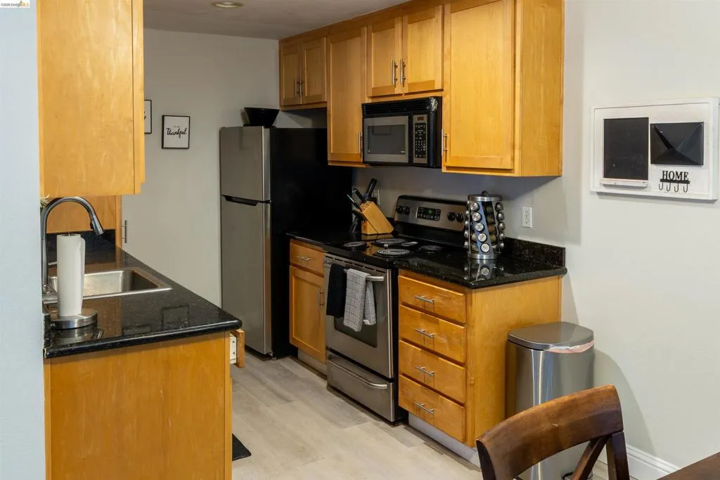 Kitchen featuring wood cabinetry with ample storage, black countertops, stainless steel appliances, and wood-finish flooring
