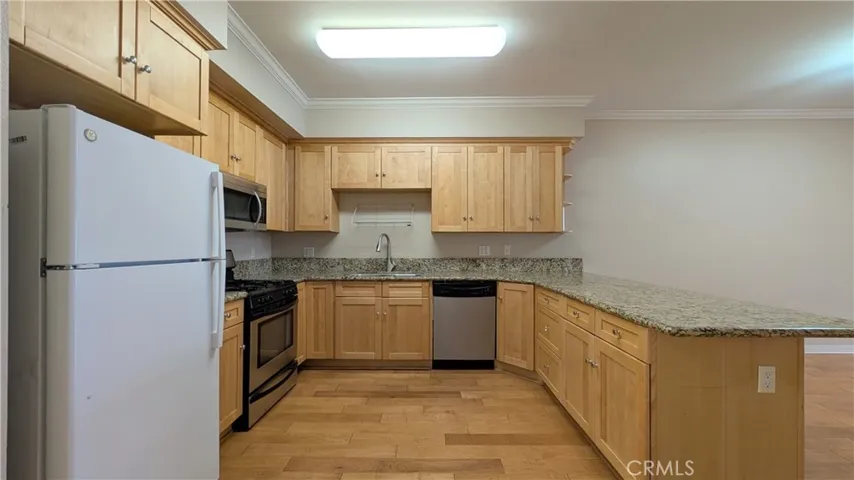 Kitchen with refrigerator, microwave, gas stove & oven, dishwasher
