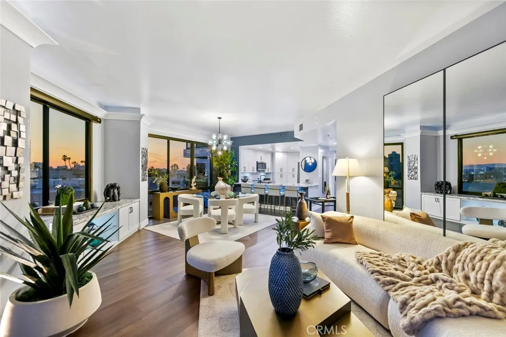 Twilight views from your private balcony to the kitchen.