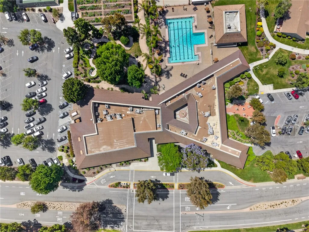 Aerial view of the clubhouse and pool
