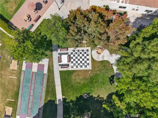 Aerial view of Shuffleboard, Chess and outdoor picnic area.
