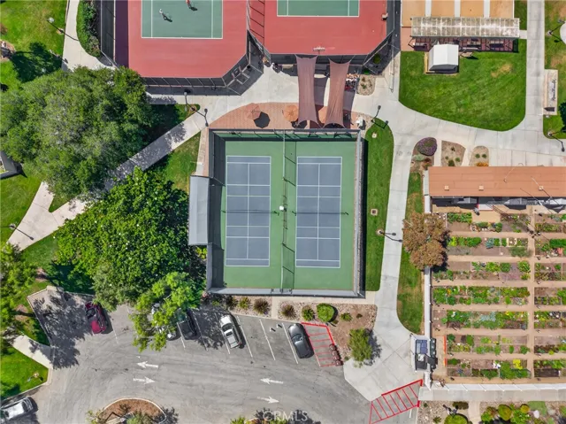 Aerial view of the Garden and Tennis and Pickle Ball Courts.