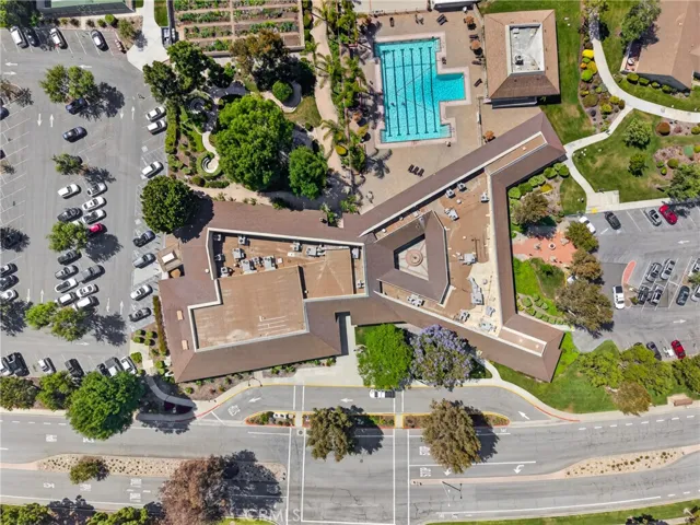 Aerial view of the clubhouse and pool