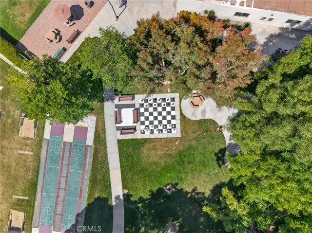 Aerial view of Shuffleboard, Chess and outdoor picnic area.