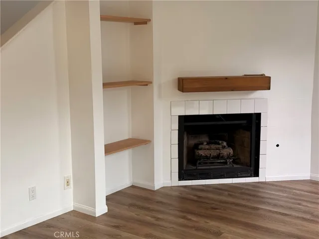 Fireplace and bookshelf in living space