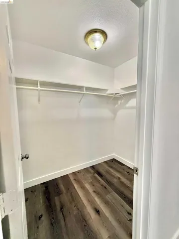 Dedicated closet space featuring wood-finish flooring, white walls, and a built-in shelf system with hanging rods
