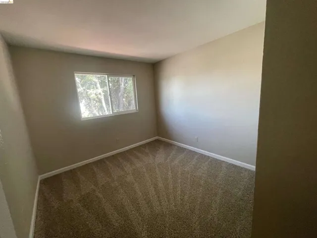 Room with neutral-toned walls and plush patterned carpeting