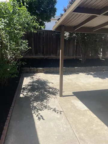 Concrete patio area featuring a corrugated metal patio cover, surrounded by mature perimeter foliage and a wooden privacy fence