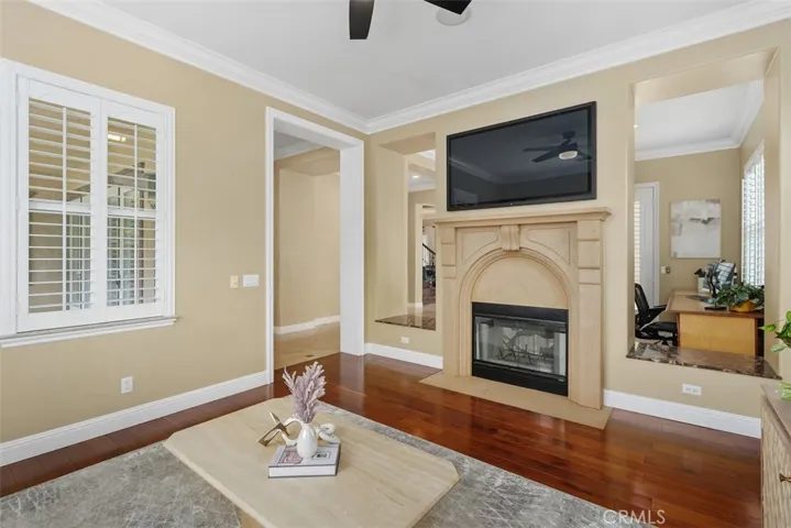 Living room with stone fireplace