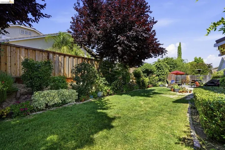 Expansive backyard featuring a lush lawn, mature landscaping, wood privacy fencing, a paved patio area, and a large deciduous tree