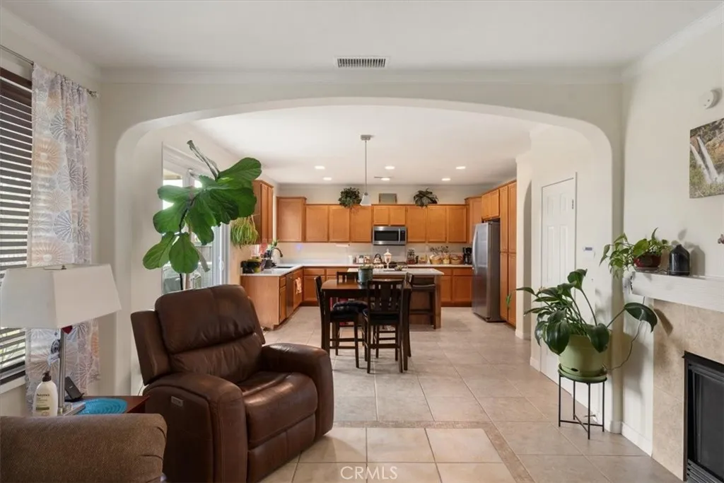 Family room view to kitchen
