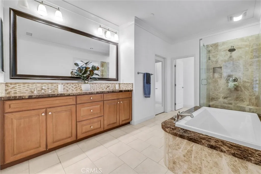 Primary Bathroom with separate tub, walk-in shower, and walk-in closet