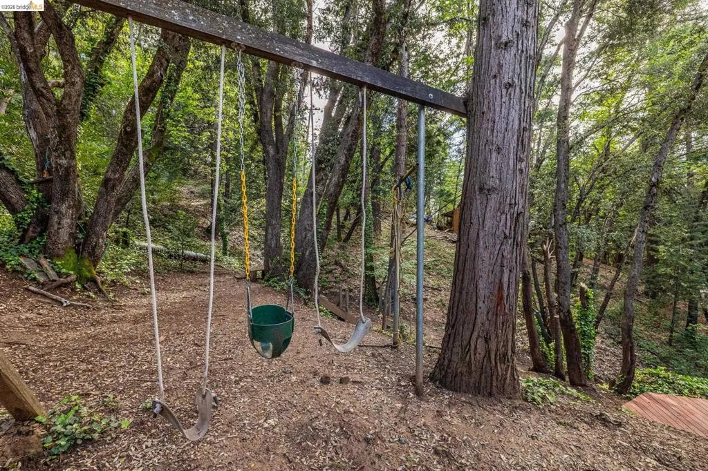 Ground-level view of the wooded lot showing mature pine trees, natural grade, and swing set. Conveys the privacy and forested character of the 0.29-acre property.