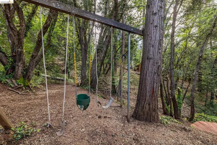 Ground-level view of the wooded lot showing mature pine trees, natural grade, and swing set. Conveys the privacy and forested character of the 0.29-acre property.