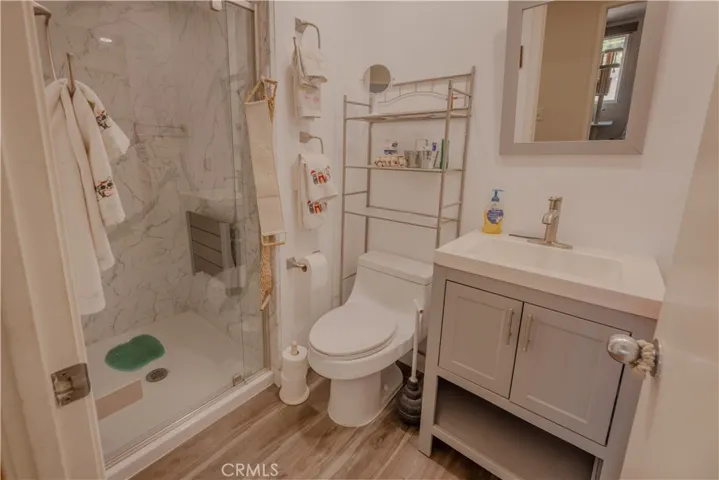 Hall bathroom has been remodeled with easy access shower