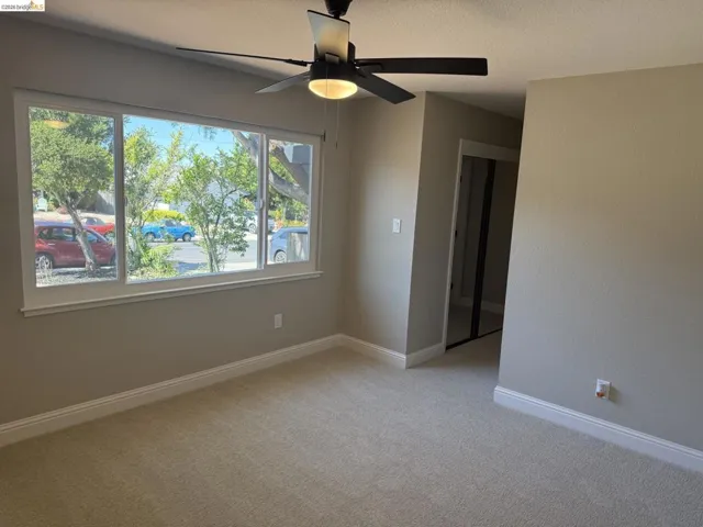 Bright room featuring a large multi-pane window, neutral carpet flooring, and a ceiling fan with integrated lighting