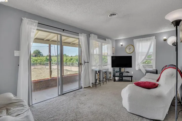 Spacious living area featuring light gray walls, textured carpeting, and multiple windows