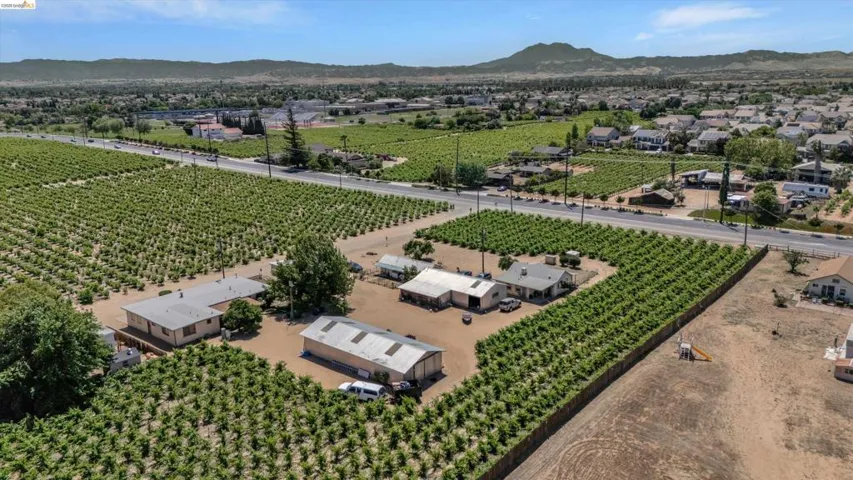 Aerial perspective highlighting multiple structures situated within extensive rows of cultivated crops