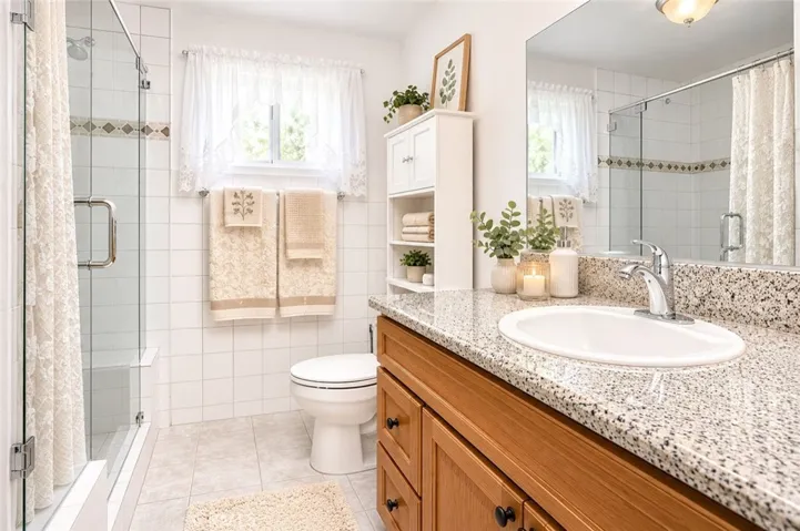 This image has been digitally enhanced to illiterate how the look and feel of the bathroom  can change with a new paint.