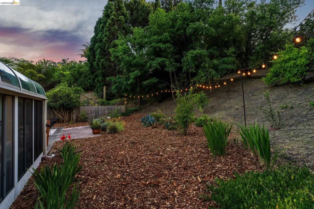 Expansive backyard featuring a curved sunroom with a clear roof, a stone patio, and a sloped terrain with mature trees