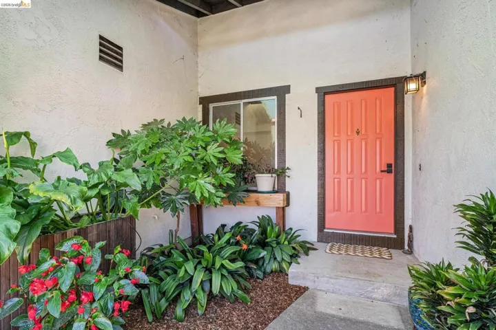 Vibrant coral entry door with black hardware, featuring a surrounding textured wood-look trim
