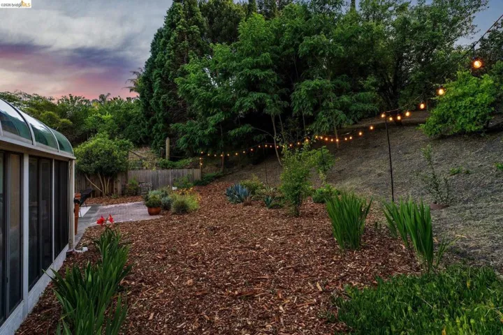 Expansive backyard featuring a curved sunroom with a clear roof, a stone patio, and a sloped terrain with mature trees