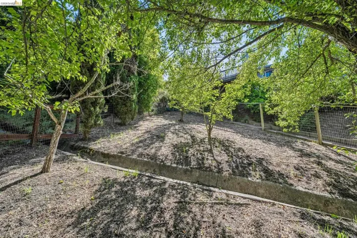 Sloping backyard featuring mature trees, partial chain-link fencing, and a concrete drainage channel