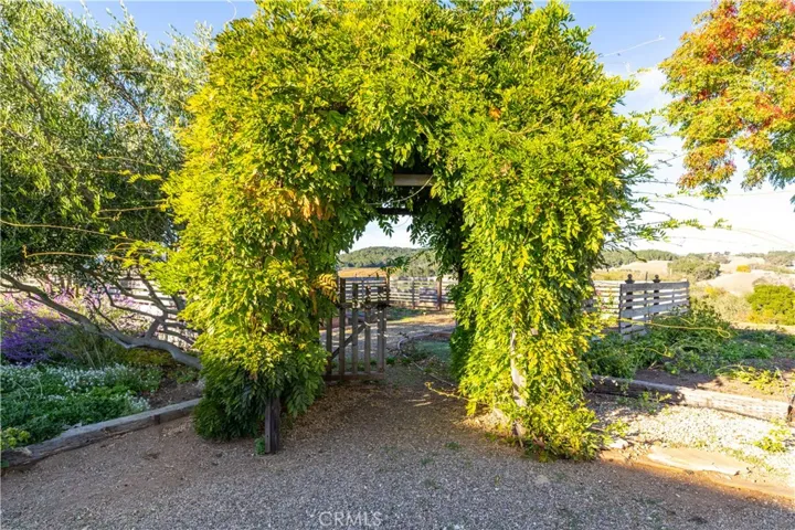 Enclosed vegetable garden with raised beds.