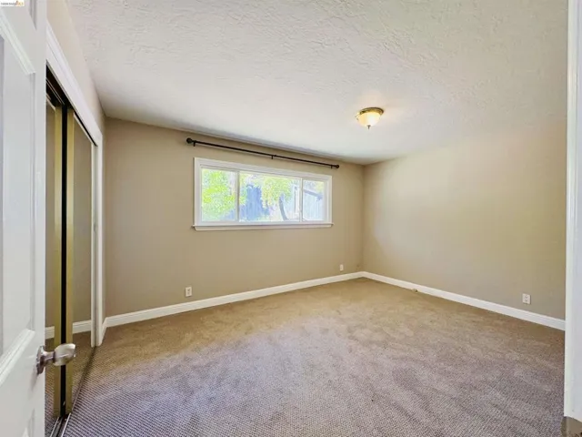 Carpeted room featuring a double-paned window, neutral wall paint, white trim, and a ceiling-mounted light fixture