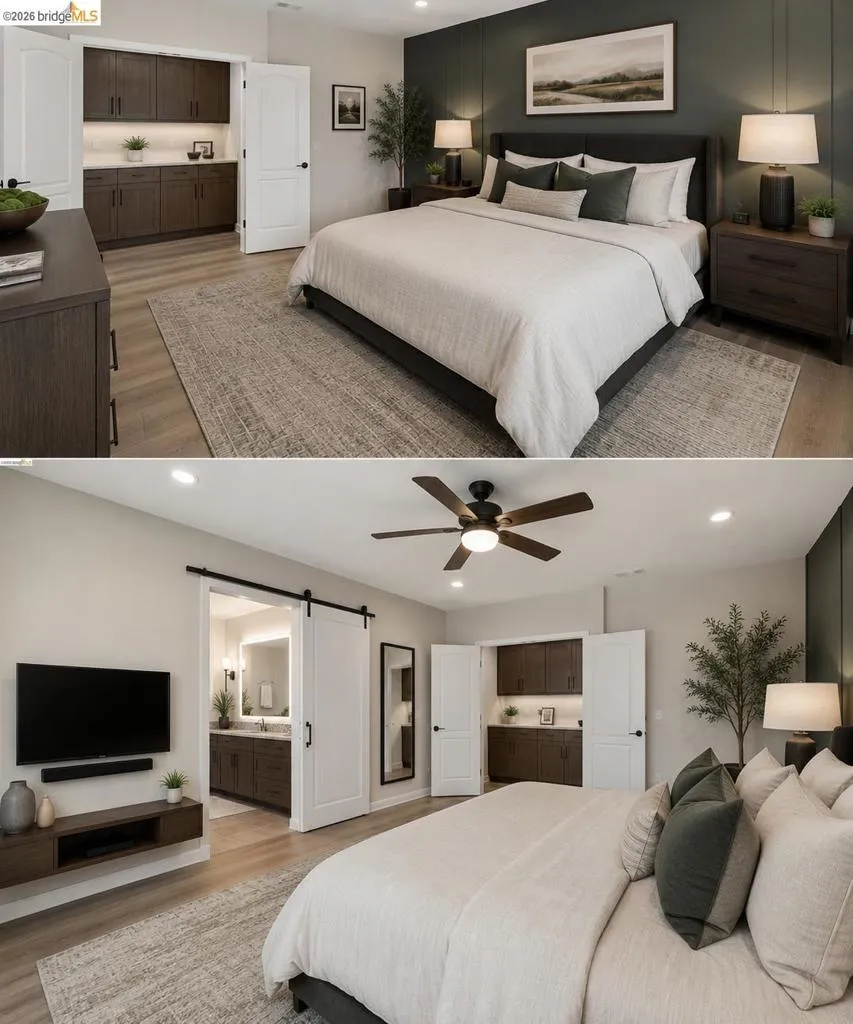 Spacious bedroom featuring wood-finish flooring, a ceiling fan, recessed lighting, and a built-in media console
