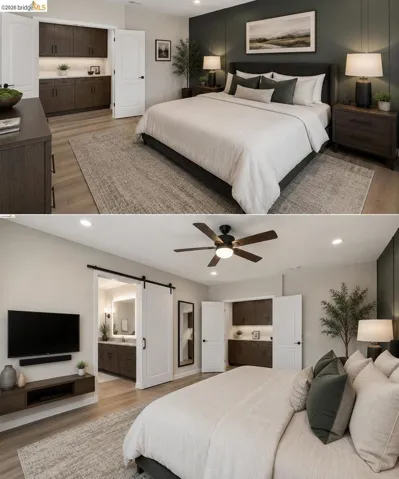 Spacious bedroom featuring wood-finish flooring, a ceiling fan, recessed lighting, and a built-in media console