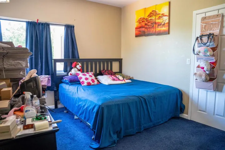 Bedroom featuring plush blue carpeting, a window with drapery, and neutral wall paint