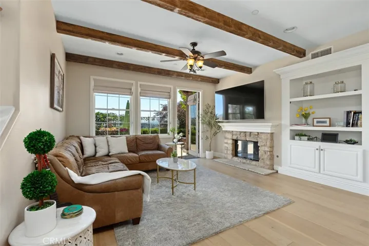 Family Room with beautiful wood beams
