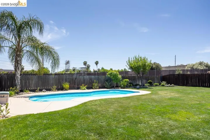 Spacious backyard featuring a kidney-shaped swimming pool with concrete surround, expansive lawn, mature palm tree, and perimeter fencing