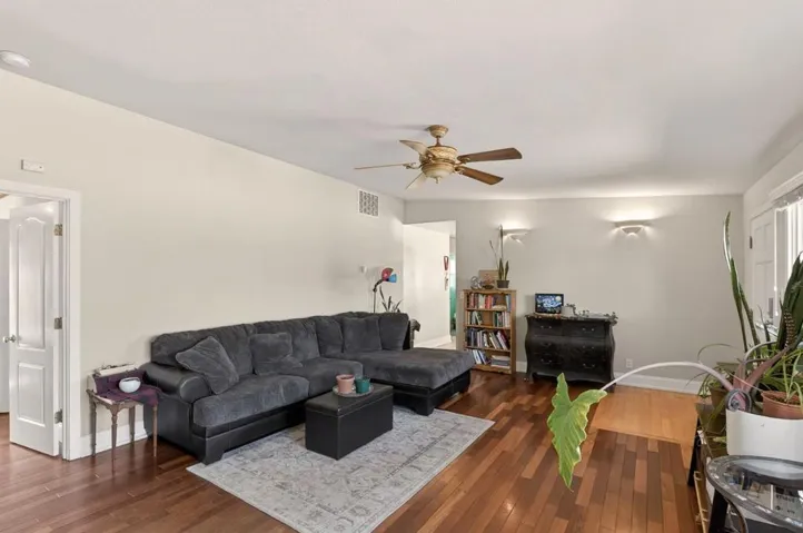View from fireplace to kitchen entry