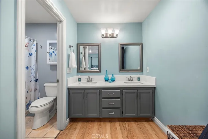 Primary bedroom en suite vanity looking into separate toilet and shower/tub combo on left.