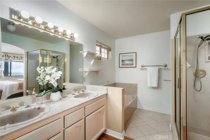 Primary bathroom with dual sinks, jetted tub, shower and large walk-in closet.