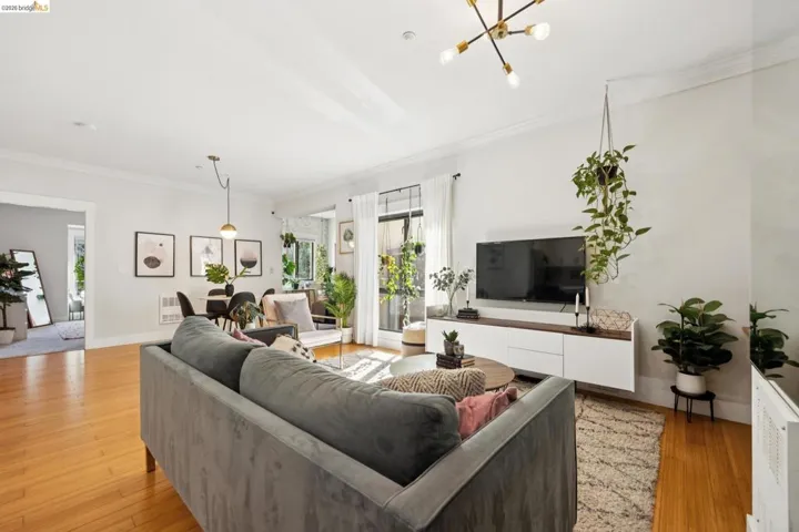 Living space featuring wood-finish flooring, white walls, and a modern ceiling light fixture