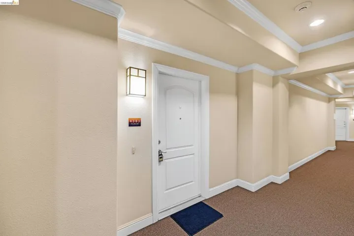 Well-lit corridor featuring crown molding, neutral wall tones, white baseboards, and carpet flooring