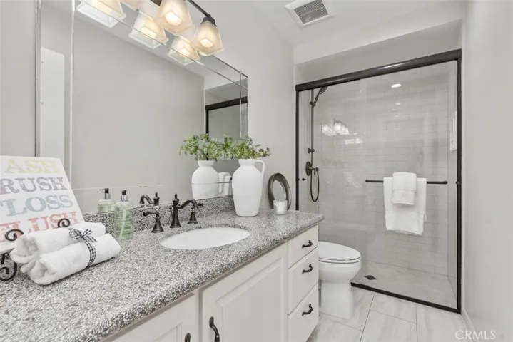 Remodeled downstairs bathroom with walk-in shower, perfect for visiting guests
