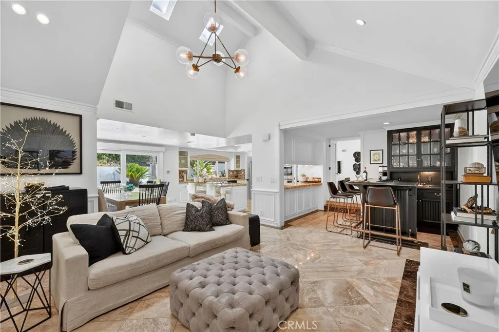 Family room looking into kitchen and wet bar